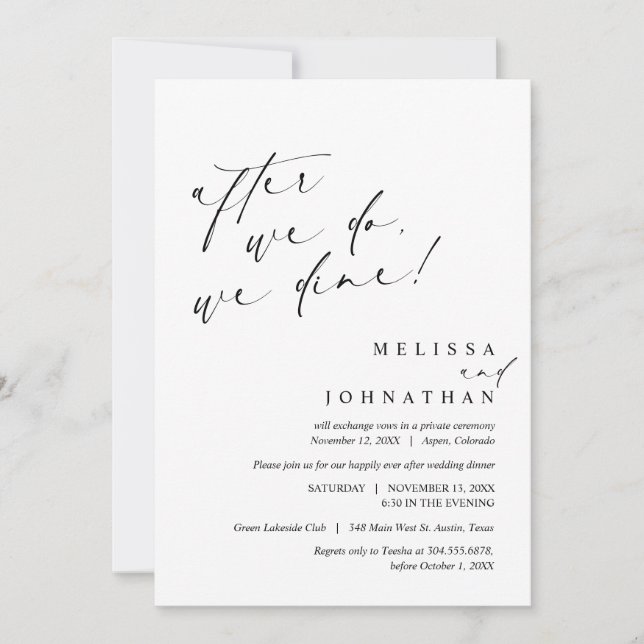 Invitación Después de eso cenamos, Boda Elopement Dinner (Anverso)