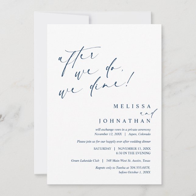 Invitación Después de eso cenamos, Boda Elopement Dinner (Anverso)