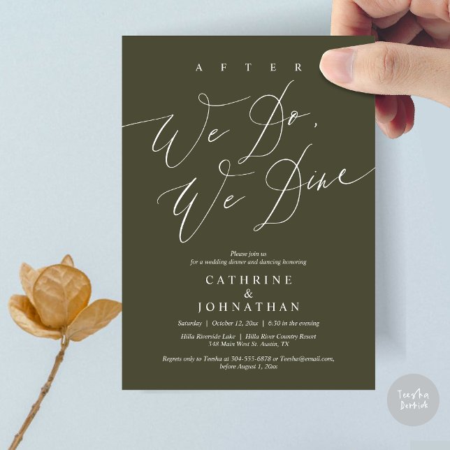 Invitación Después de eso cenamos, cena Boda y baile (After we do, we dine, Modern Romance Wedding Dinner and Dancing Invitation Card, PDF, in Olive Green)