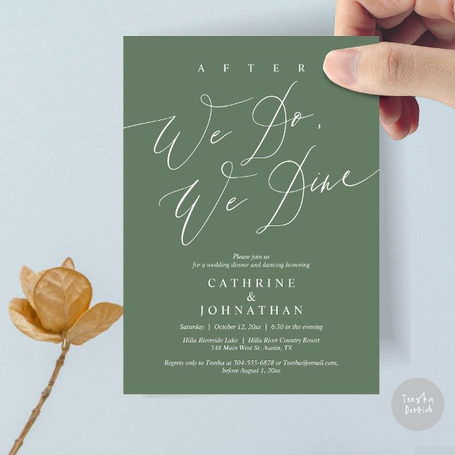 Invitación Después de eso cenamos, cena Boda y baile (After we do, we dine, Modern Romance Wedding Dinner and Dancing Invitation Card, PDF, in Sage Green)