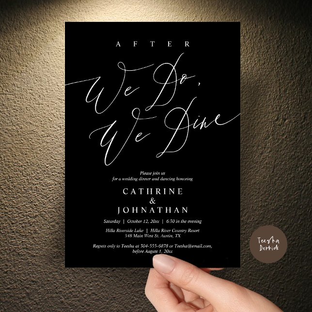 Invitación Después de eso cenamos, cena Boda y baile (After we do, we dine, Modern Romance Wedding Dinner and Dancing Invitation Card, PDF, in Black)