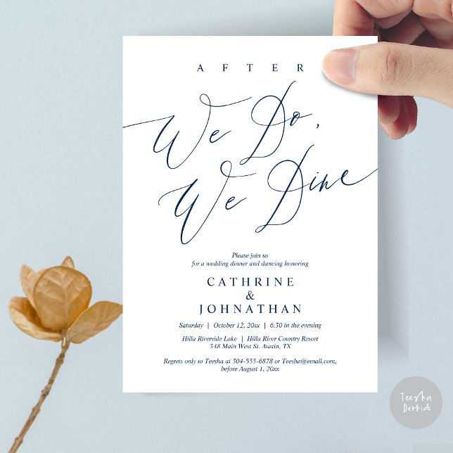 Invitación Después de eso cenamos, cena Boda y baile (After we do, we dine, Modern Romance Wedding Dinner and Dancing Invitation Card, PDF, in Navy Blue)