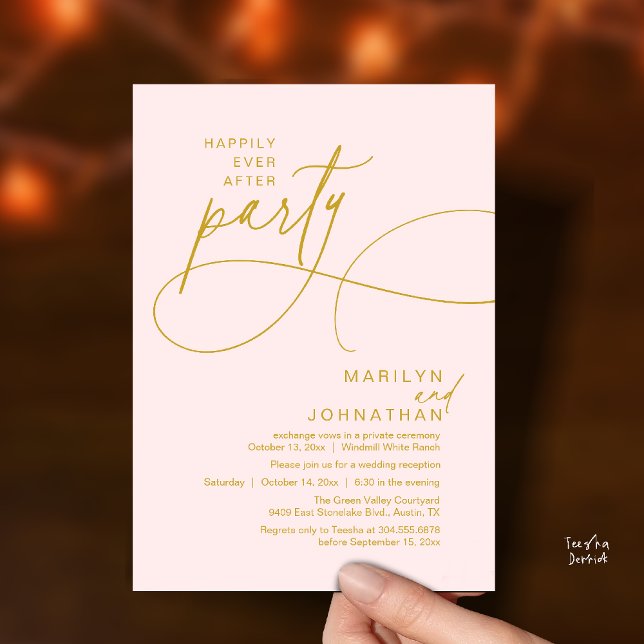 Invitación Después de Felices para Siempre Cena de Boda Moder (Happily Ever After Modern Elegant Romantic Wedding Reception Dinner Invitation Card in Gold Blush)
