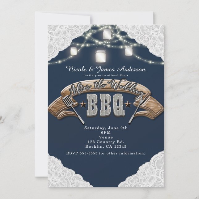Invitación DESPUÉS DE LA BODA BBQ Blue Mason Jar Lights & Lac (Anverso)
