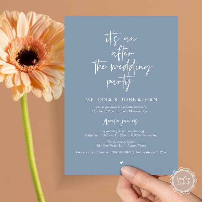 Invitación Después de la boda, Fiesta de Elopamiento (It's an after the wedding, Elopement dinner dancing brunch Party Invitation Card PDF Dusty Blue)