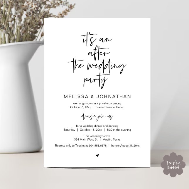 Invitación Después de la boda, Fiesta de Elopement (It's an after the wedding, Elopement dinner dancing brunch Party Invitation Card PDF Black White)