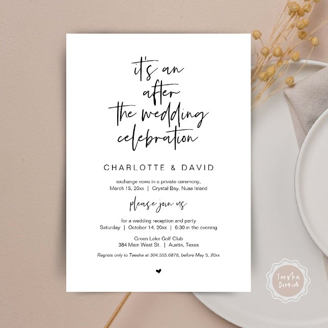 Invitación Después de la boda, fiesta de escapada (Its an after the wedding celebration, Elopement Dinner Party Invitation Card, PDF, in black white)