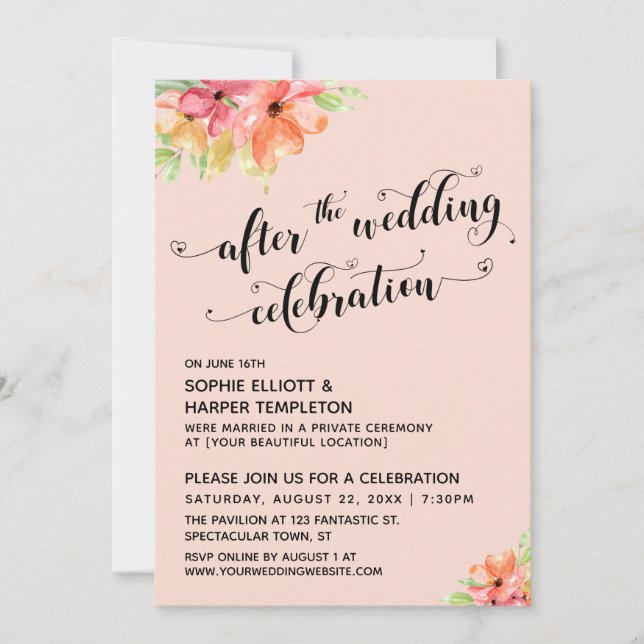 Invitación Después de la boda Guión Rubor Floral (Anverso)