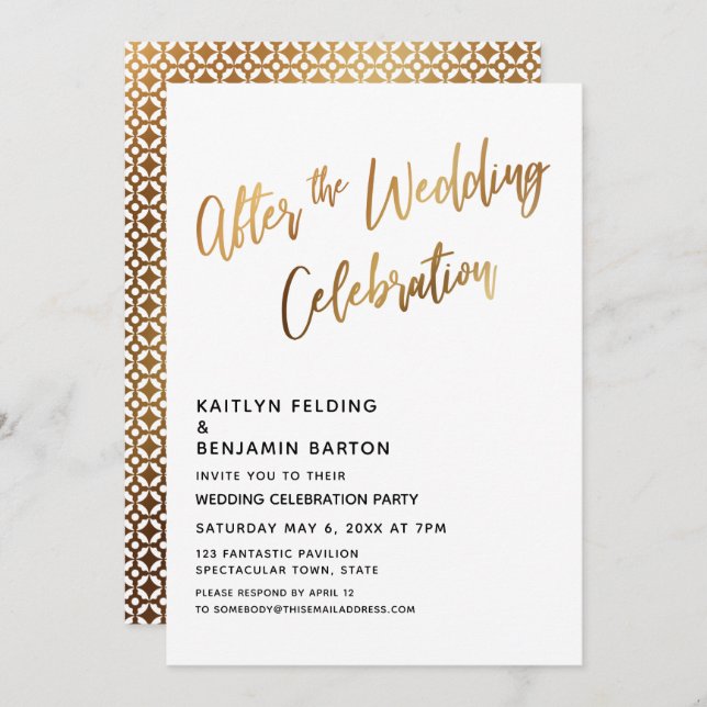 Invitación Después de la Boda Recepción Dorada de Celebración (Anverso / Reverso)