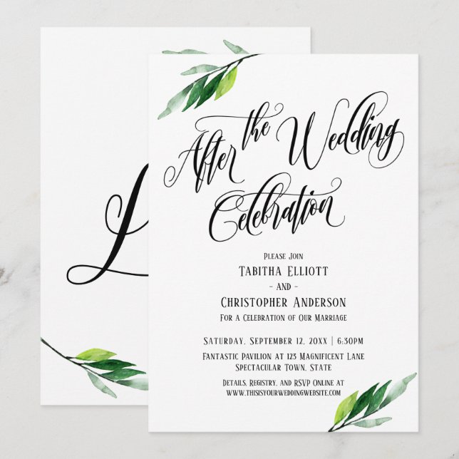Invitación Después de la celebración Boda Script and Greenery (Anverso / Reverso)