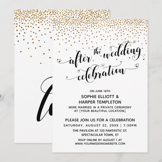 Invitación Después de la celebración Boda Script Confetti de  (Anverso / Reverso)