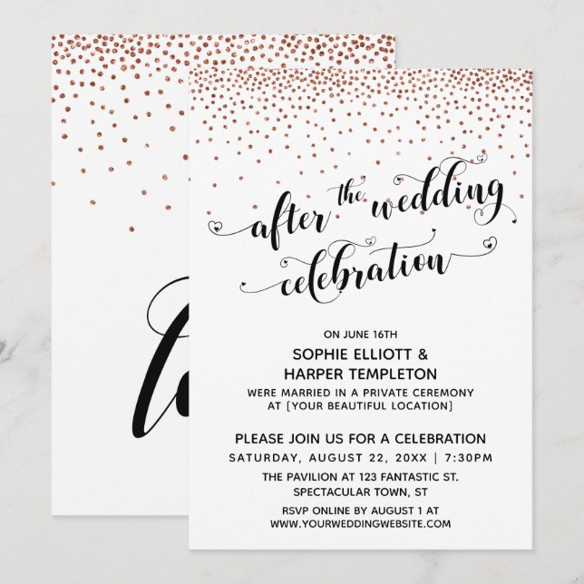 Invitación Después de la celebración del Boda Copper Confetti (Anverso / Reverso)