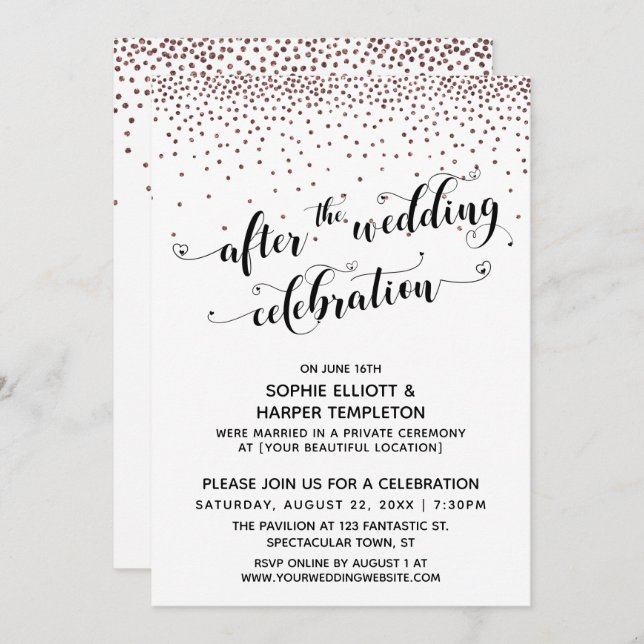 Invitación Después de la celebración del Boda Rosa Confetti d (Anverso / Reverso)