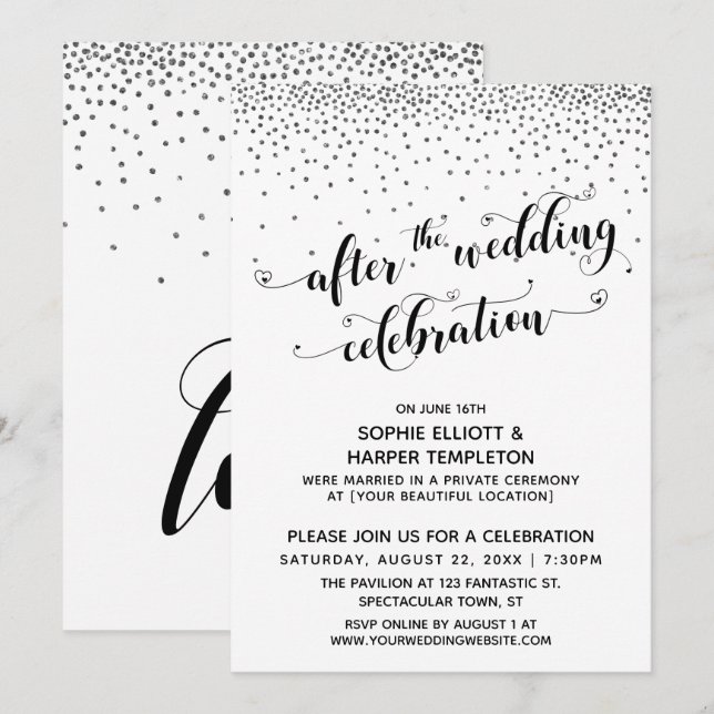 Invitación Después de la celebración del Boda, Silver Confett (Anverso / Reverso)