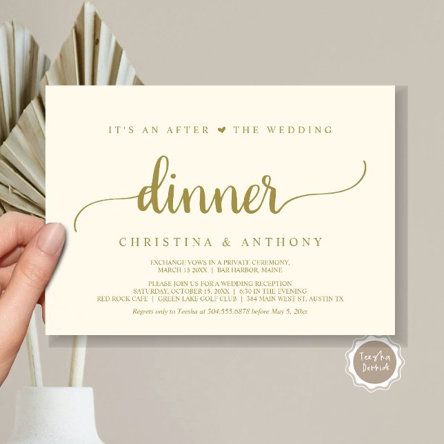 Invitación Después De La Cena Boda, Un Rústico Éxito (It's An After The Wedding Dinner, Elopement Invitation Card, Modern Rustic Script in Classy Gold.)