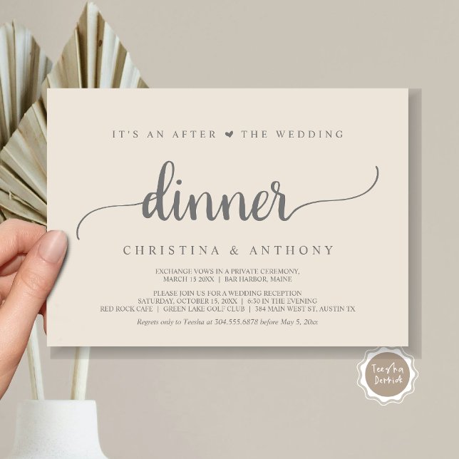 Invitación Después De La Cena Boda, Un Rústico Éxito (It's An After The Wedding Dinner, Elopement Invitation Card, Modern Rustic Script in Grey and Cream.)