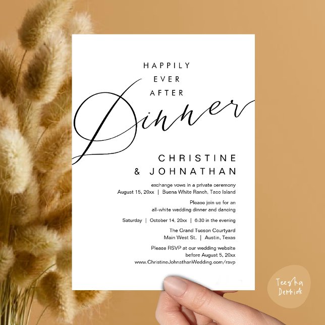 Invitación Después de la cena romántica boda Felices para sie (Happily Ever After Dinner, Modern Romantic Wedding Invites Card, PDF, Minimalist Clean, White Black)