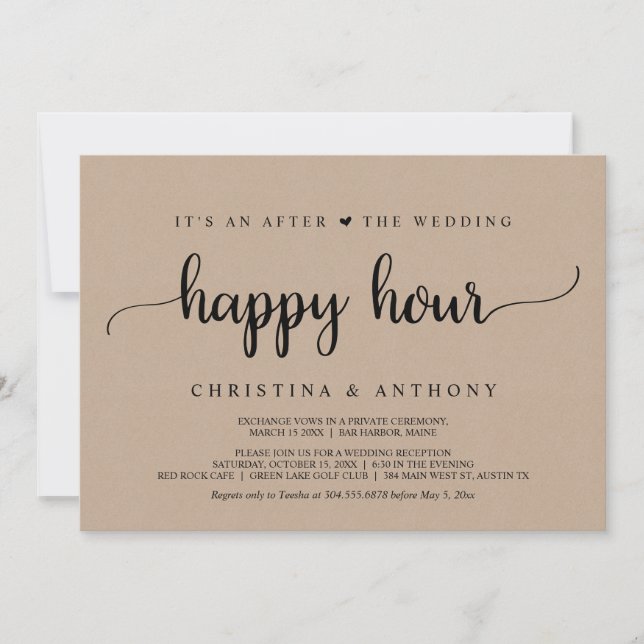Invitación Después de la Hora Feliz del Boda, Fiesta de Elope (Anverso)