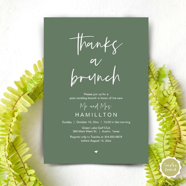 Invitación Después de la mañana, Boda Brunch (The Morning After, Post Wedding Brunch Invitation Card Thanks a brunch in Sage green)