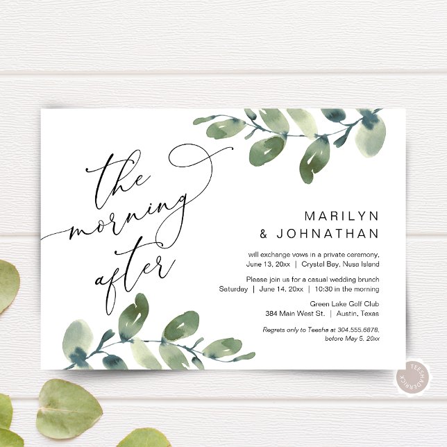 Invitación Después de la mañana, Brunch de Elopement, vegetac (The Morning After, Elopement Brunch Party Invitation Card, Greenery Eucalyptus, Digital Download)