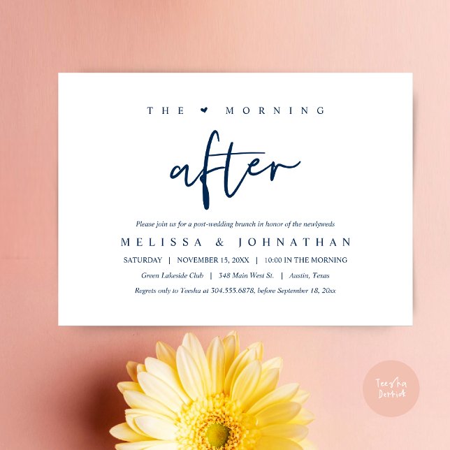 Invitación Después de la mañana, celebración de Brunch post B (The Morning After, Post Modern Wedding Brunch Invitation Card, PDF. in Navy Blue)