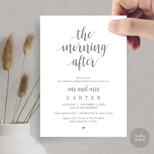 Invitación Después de la mañana, celebración de Brunch post b (The Morning After, Modern Post Wedding Brunch Celebration Invitation Card, PDF, in Dark Grey)