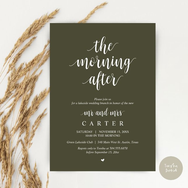 Invitación Después de la mañana, celebración de Brunch post b (The Morning After, Modern Post Wedding Brunch Celebration Invitation Card, PDF, in Olive Green)