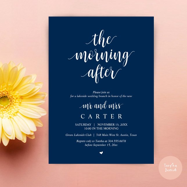 Invitación Después de la mañana, celebración de Brunch post b (The Morning After, Modern Post Wedding Brunch Celebration Invitation Card, PDF, in Navy Blue)