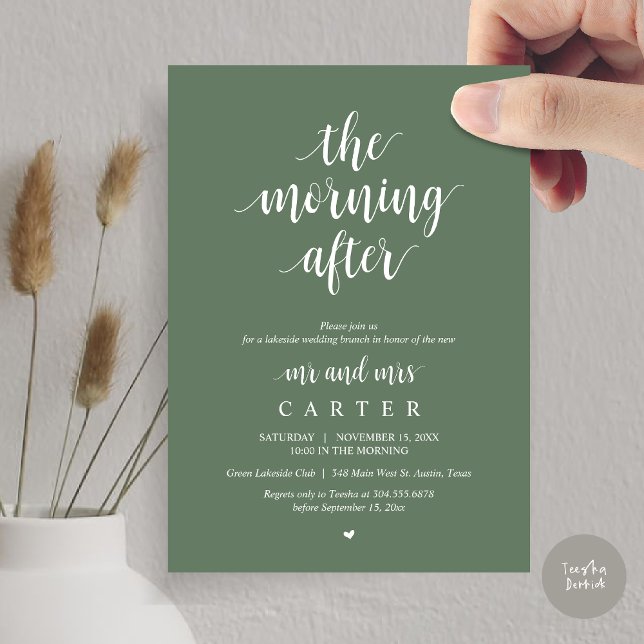 Invitación Después de la mañana, celebración de Brunch post b (The Morning After, Modern Post Wedding Brunch Celebration Invitation Card, PDF, in Forest Sage Green)