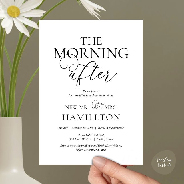Invitación Después de la mañana, celebración de Brunch post b (The Morning After, Post wedding Brunch Celebration Invitation Card, PDF Modern Classy Black White)