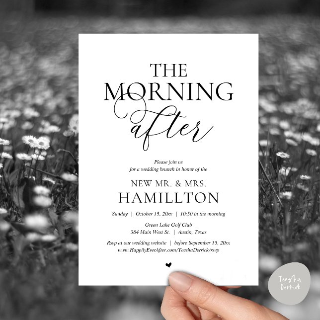 Invitación Después de la mañana, celebración de Brunch post b (The Morning After, Modern Post wedding Brunch Lunch Celebration Invitation Card, PDF, White Black)