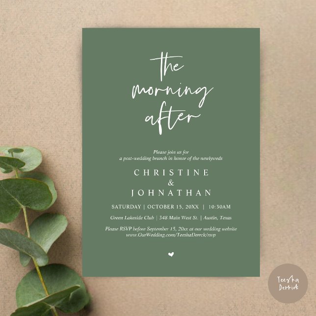 Invitación Después de la mañana, el moderno brunch post Boda (The Morning After, Modern Post wedding brunch invitation card, PDF, in Forest Sage Green)