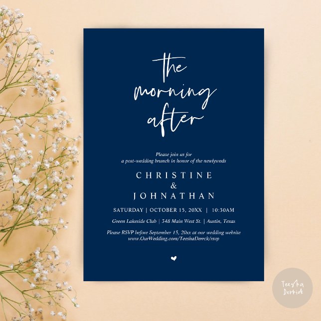 Invitación Después de la mañana, el moderno brunch post Boda (The Morning After, Modern Post wedding brunch invitation card, PDF, in Navy Blue)