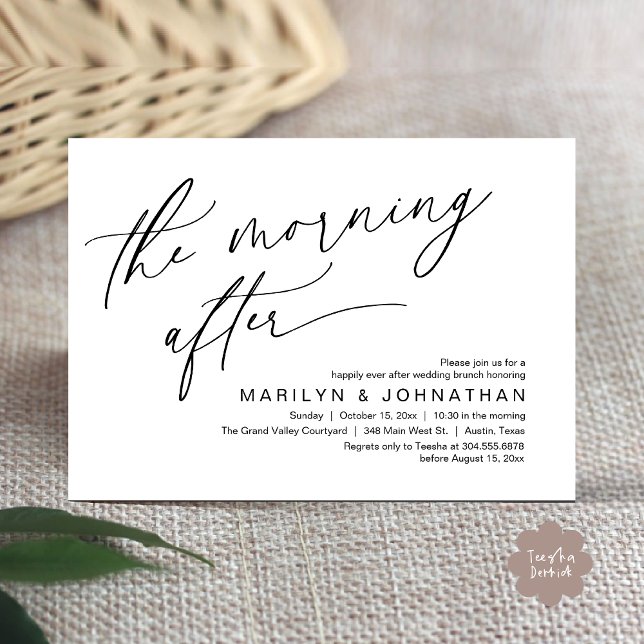 Invitación Después de la mañana, me alegro de haber terminado (The Morning After Modern Romantic Post Wedding Elopement Brunch Invitation Card PDF in White Black)
