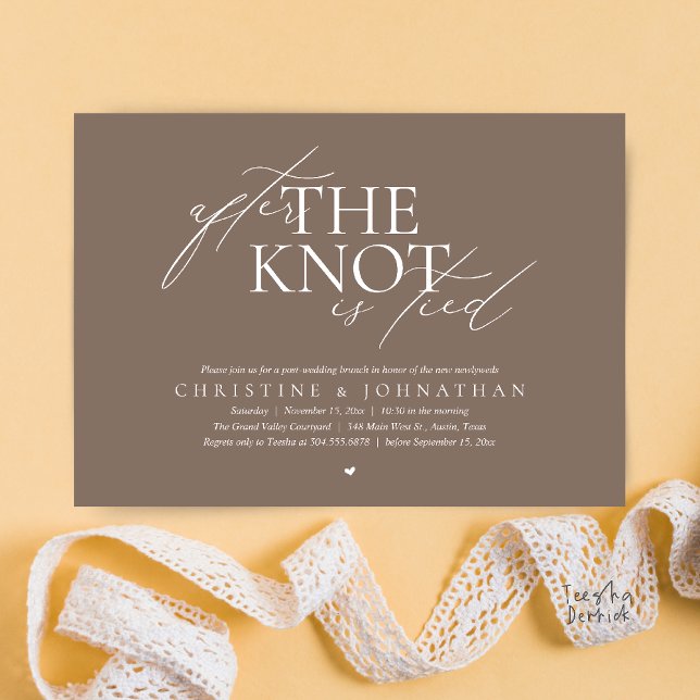 Invitación Después de que el nudo está atado, Brunch de Elope (After The Knot Tied, Post Wedding Elopement Brunch Invitation card contemporary clean warm taupe )
