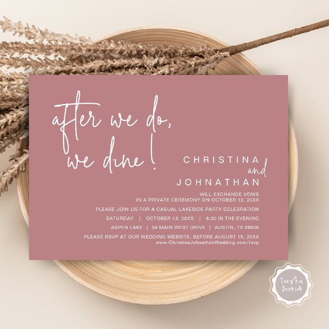 Invitación Después De Que Lo Hagamos, Cena De Boda Elopement (After We Do, We Dine, Wedding Elopement Dinner Invitation Card, PDF, Handwriting, Dusty Rose Pink)