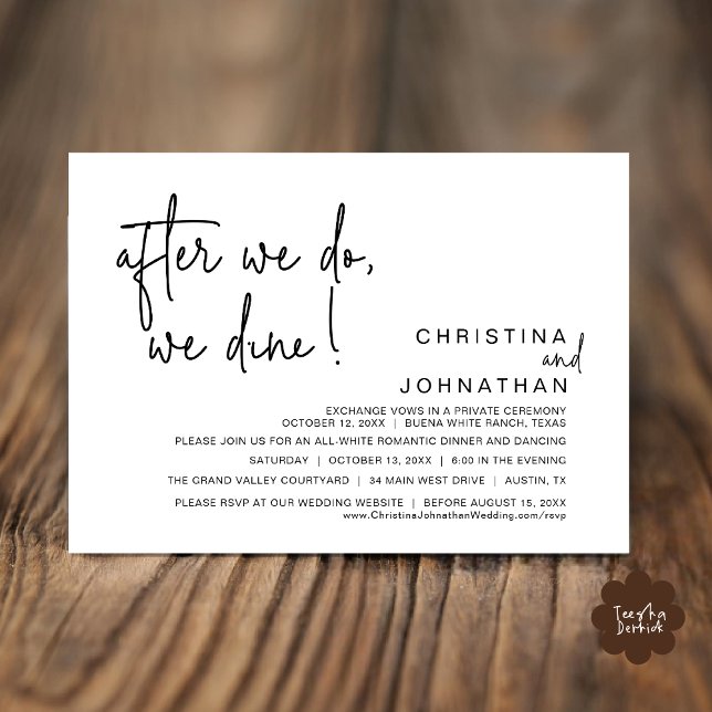 Invitación Después De Que Lo Hagamos, Cena Romántica Boda (After We Do We Dine Romantic Wedding Dinner Party Invitation Card Modern Boho PDF Classy Black White)