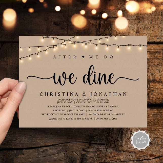 Invitación Después De Que Lo Hagamos, Cena Rústica Boda (After We Do, We Dine, Rustic Wedding Dinner Party Invitation Card, PDF, String Lights Brown Kraft)