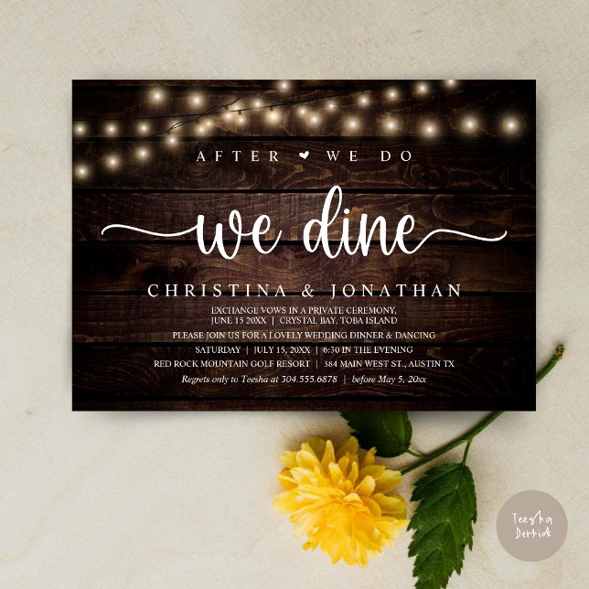 Invitación Después De Que Lo Hagamos, Cena Rústica Boda (After We Do, We Dine, Rustic Wedding Dinner Invitation card, pdf, in cottage dark wood)