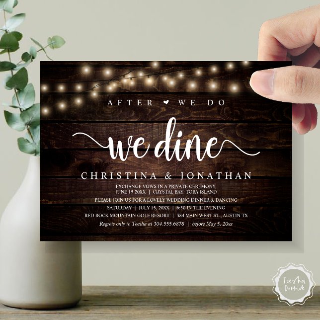Invitación Después De Que Lo Hagamos, Cena Rústica Boda (After We Do, We Dine, Rustic Wedding Dinner Invitation card, pdf, in cottage dark wood)