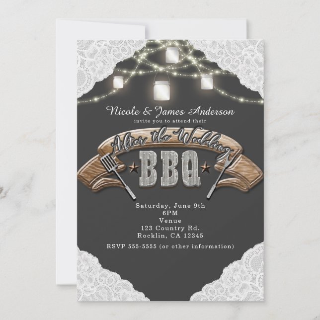 Invitación DESPUÉS DEL BODA BBQ HAGO Mason Jar Lughts & Lace (Anverso)