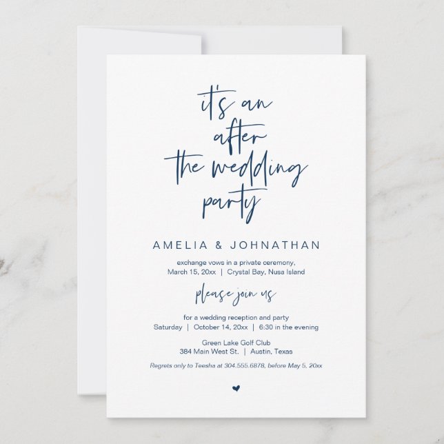 Invitación Después del boda, Marina Azul, Fiesta Elopement (Anverso)
