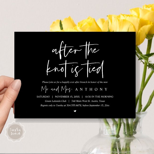 Invitación Después del nudo amarrado, feliz siempre después d (After The Knot Is Tied, Post Wedding Brunch Invitation Card, PDF, Modern Script, Elegant Black)
