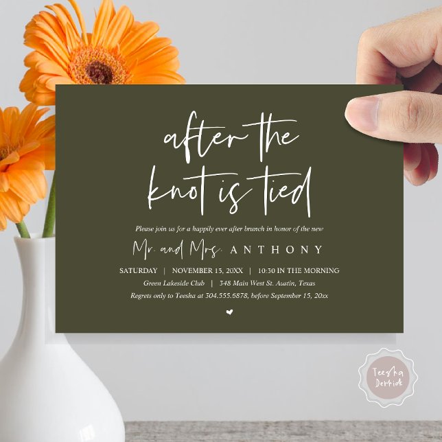 Invitación Después del nudo amarrado, feliz siempre después d (After The Knot Is Tied, Post Wedding Brunch Invitation Card, PDF, Modern Script, Olive Green)