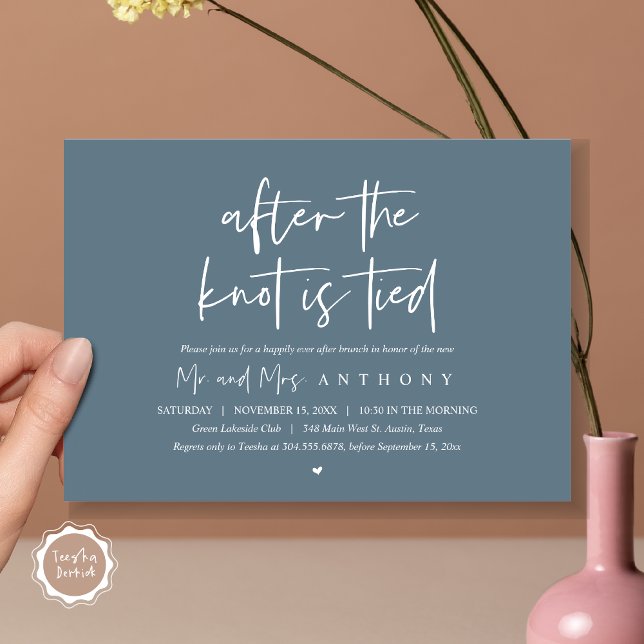 Invitación Después del nudo amarrado, feliz siempre después d (After The Knot Is Tied, Post Wedding Brunch Invitation Card, PDF, Modern Script, Dark Dusty Blue)