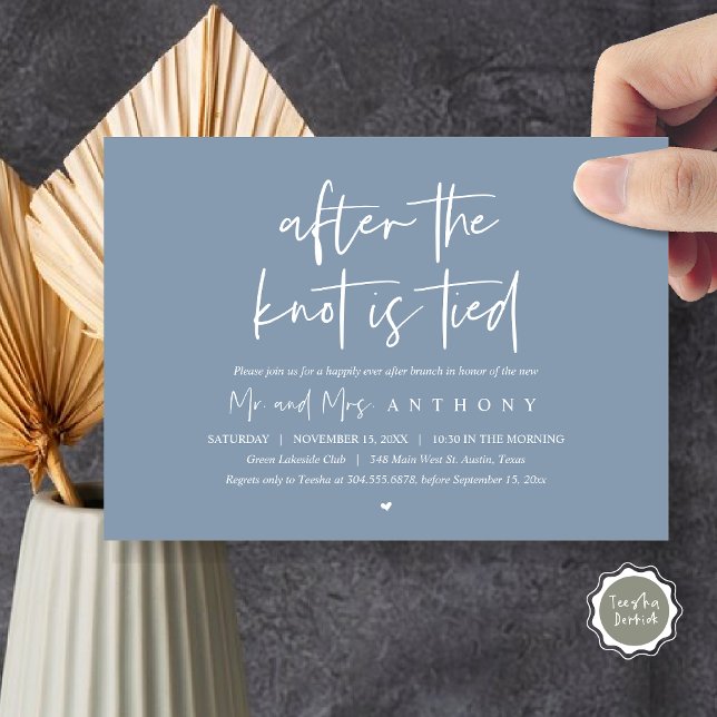 Invitación Después del nudo amarrado, feliz siempre después d (After The Knot Is Tied, Post Wedding Brunch Invitation Card, PDF, Modern Script, Dusty Blue)