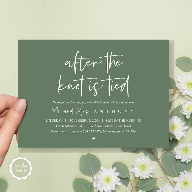 Invitación Después del nudo amarrado, feliz siempre después d (After The Knot Is Tied, Post Wedding Brunch Invitation Card, PDF, Modern Script, Forest Sage Green)