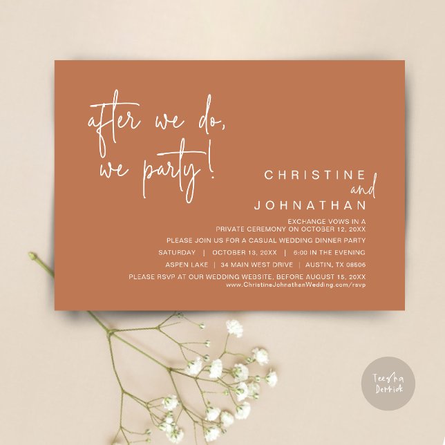 Invitación Después Lo Hacemos, Fiesta, Cena Boda, Cobre (After We Do, We Party, Modern Romantic Wedding Dinner Invitation Card, PDF, in Copper Rust)