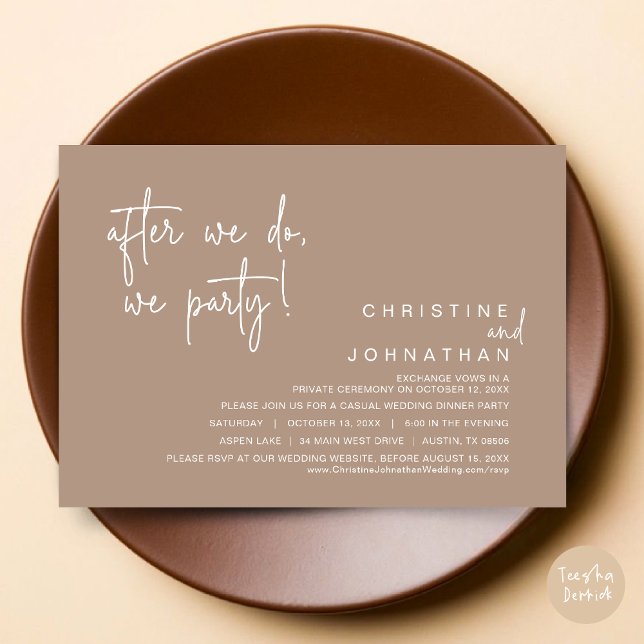 Invitación Después Lo Hacemos, Fiesta, Cena Boda, Taupe Cálid (After We Do, We Party, Modern Romantic Wedding Dinner Invitation Card, PDF, in Warm Taupe brown)