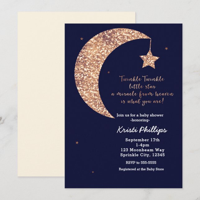Invitación Destellan Estrella Pequeña Azul Bronce Luna Baby S (Anverso / Reverso)
